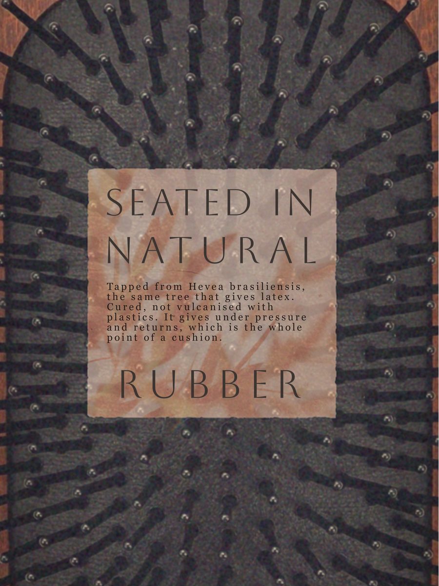 Campaign page: a printed label on the bristle pad reading Seated in Natural Rubber, with a paragraph of specification copy
