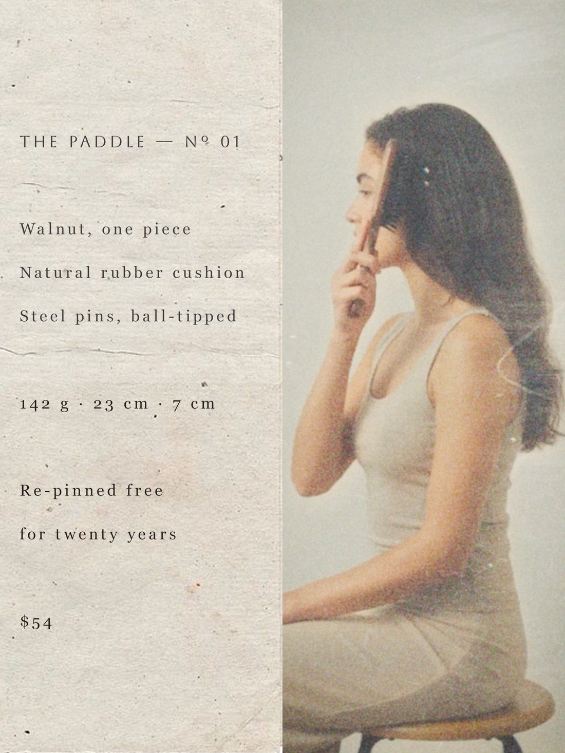Campaign page: a paper panel of product specifications beside a seated portrait