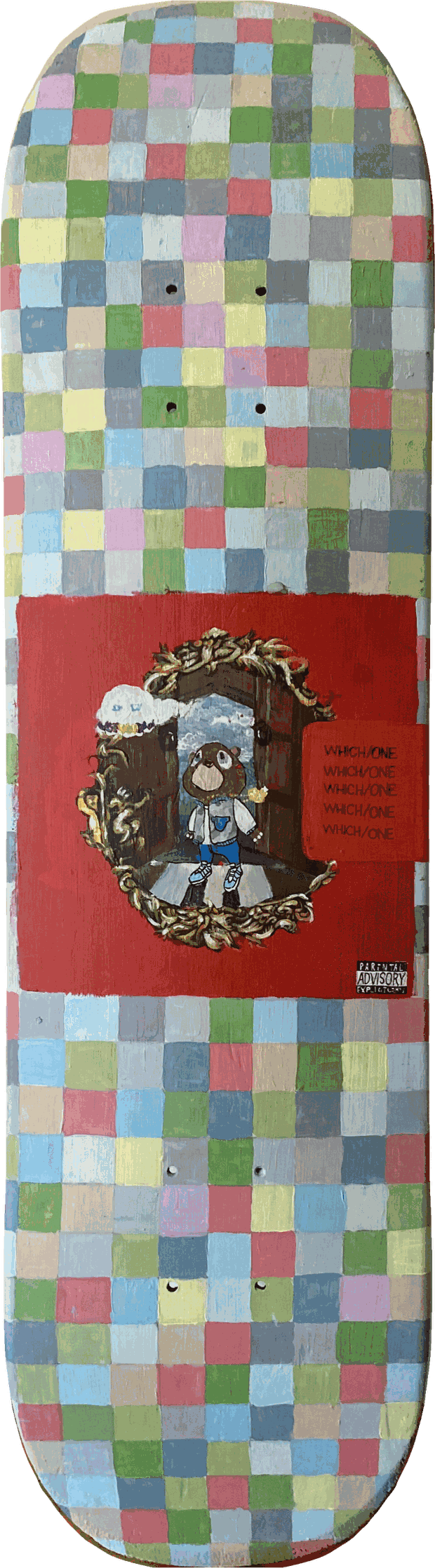 Skateboard deck painted in acrylic: a hand-painted checked pattern around a red panel with a bear character in a gold frame