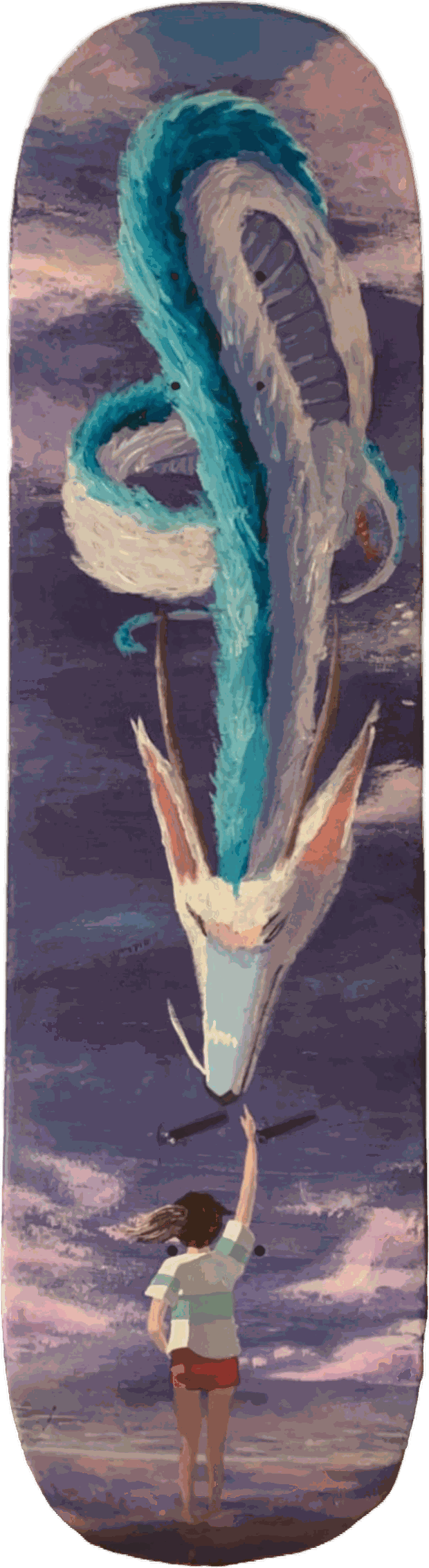 Skateboard deck painted in acrylic: a white and blue river dragon coiling through a violet sky above a small figure reaching up