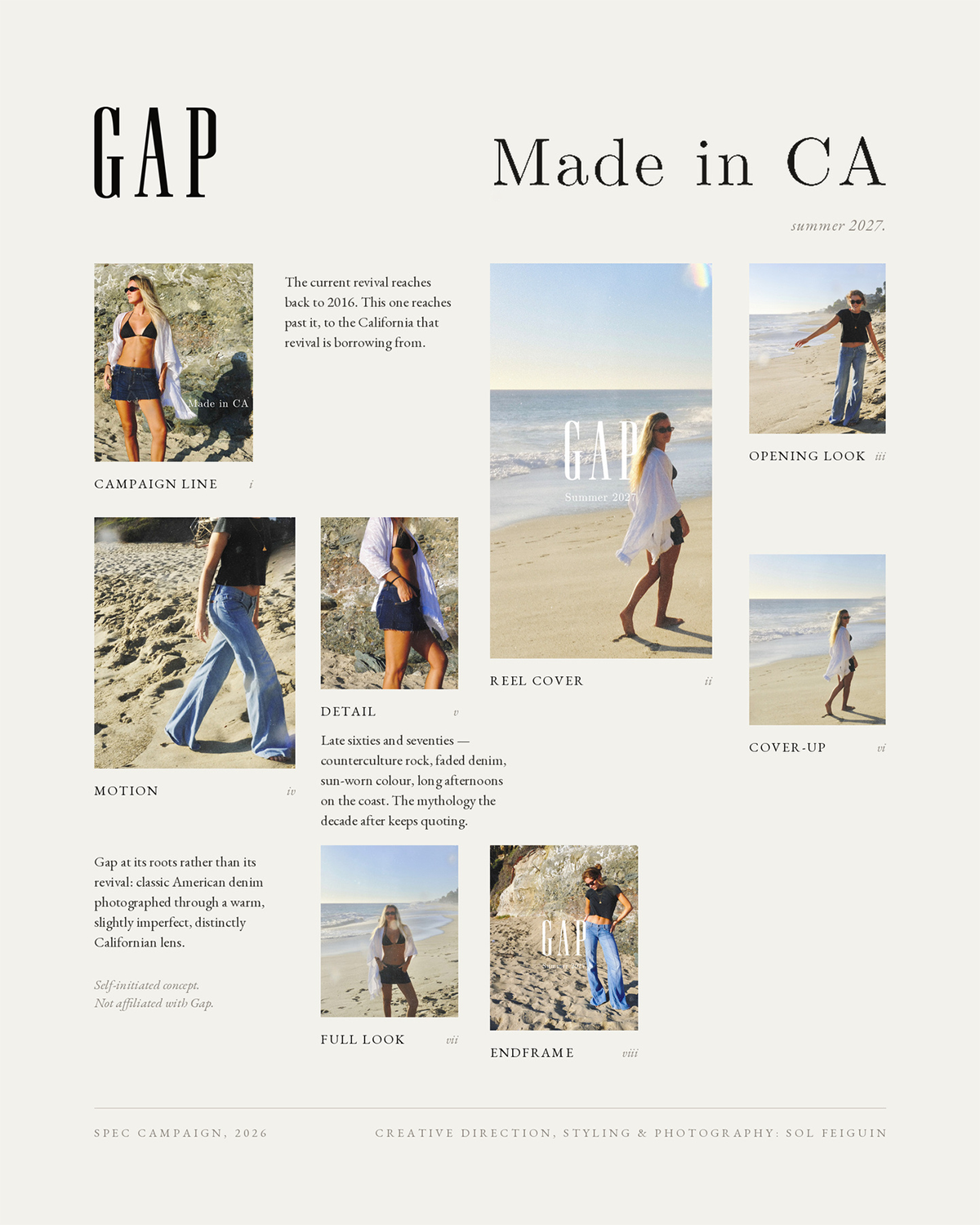Campaign catalog sheet: the Gap wordmark and the Made in CA lockup across the top, eight labelled plates from the campaign below with roman numerals and notes