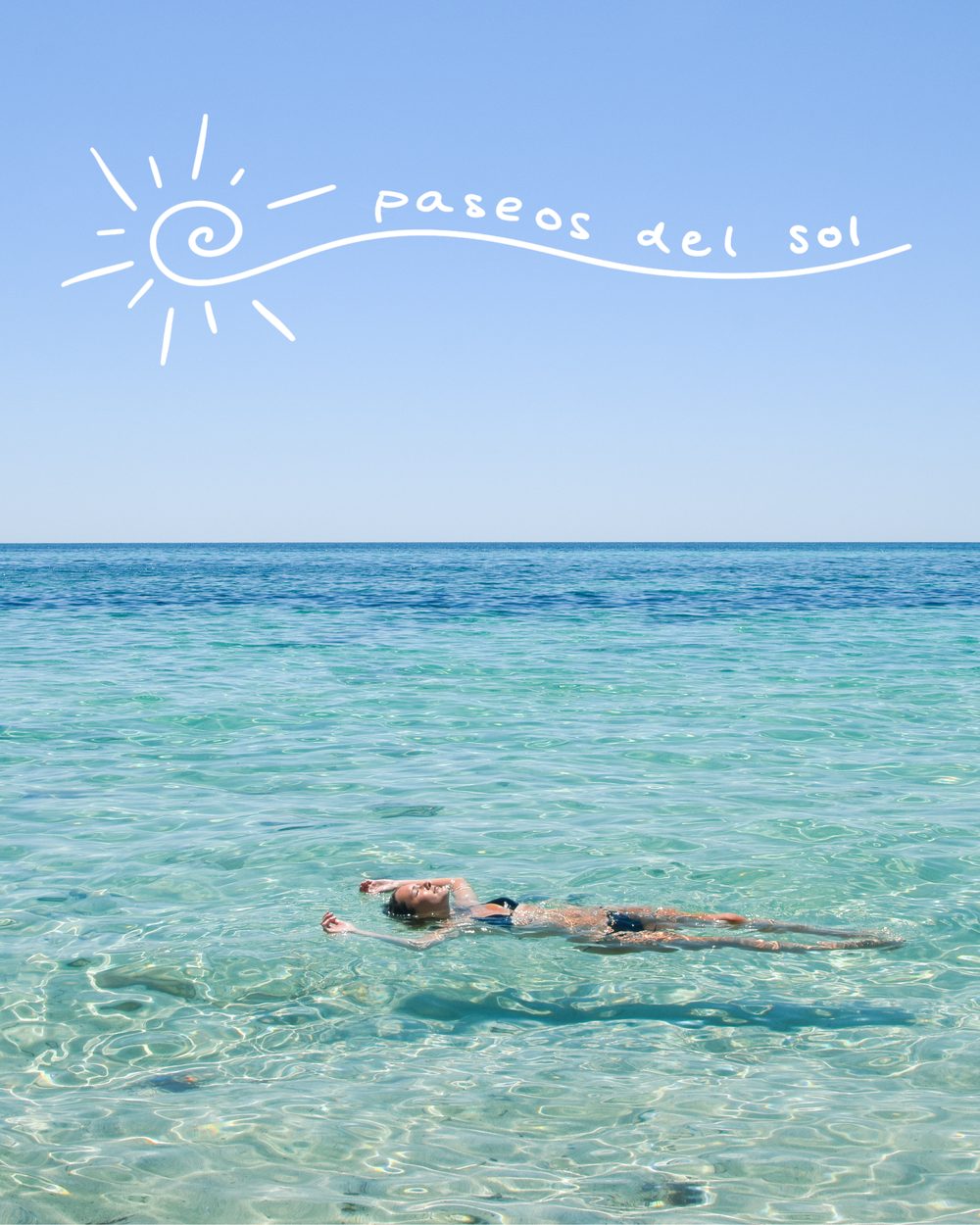 Swimmer floating in clear turquoise water, Paseos Del Sol logo above