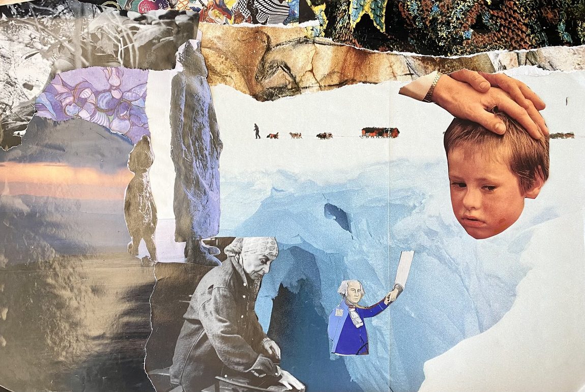 Mixed-media collage: cut paper figures, a glacier, a hand and a child's face assembled across a blue ground